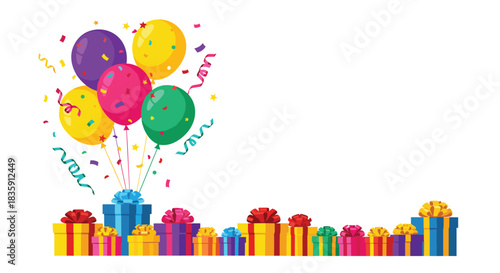Celebrate with colorful balloons and beautifully wrapped gifts for a festive occasion.