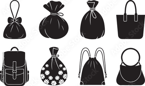 Christmas gift bag simple vector icon set. christmas silhouette icons on black color and white background