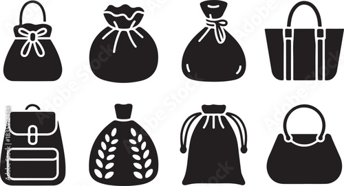 Christmas gift bag simple vector icon set. christmas silhouette icons on black color and white background