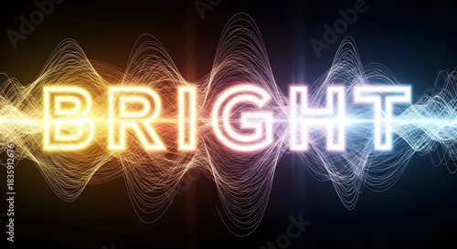 Bright neon word with colorful sound wave effect against dark background