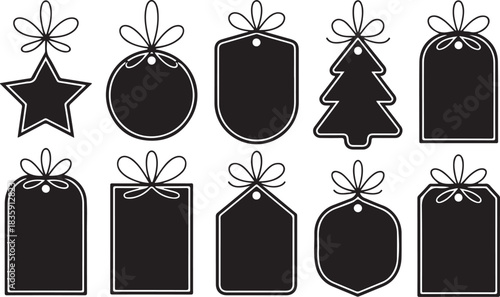 Collection of festive christmas gift tags and labels with bows and ribbons in silhouette style