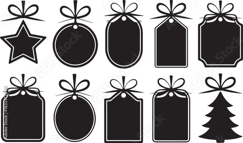 Collection of festive christmas gift tags and labels with bows and ribbons in silhouette style