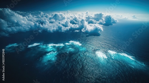 Aerial view of an ocean horizon with vibrant turquoise water, clouds, and a dramatic sky