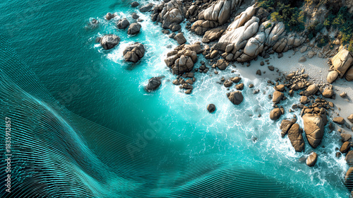 Fototapeta Naklejka Na Ścianę i Meble -  Rocky coastline turquoise surf aerial view ocean wave coastal rocks abstract lines polygon ribbon sandy beach turquoise water shoreline pattern Serene aerial view of rocky coastline with turquoise
