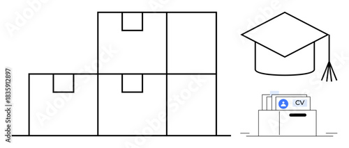 Career growth concept. Career advancement ed with organized boxes, a graduation cap education, and resumes in a file folder. For education, hiring, human resources, goals, planning