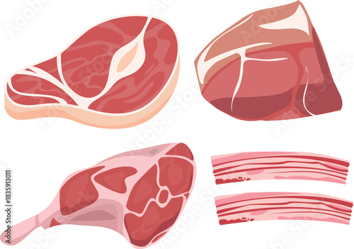 Collection of Four Raw Meat Cuts: Steak, Roast, Leg, and Bacon presented on a plain white background