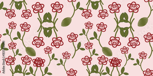 Simple floral embroidery pattern with clean line art roses and leaves in minimal vector outlines easy to trace perfect for smooth repeating decorative textile artwork