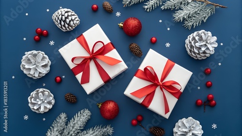 Merry Christmas and Happy Holidays greeting card, frame, banner. New Year. Noel. Red and white Christmas ornaments and gift on blue background top view. Winter xmas holiday theme. See Less
