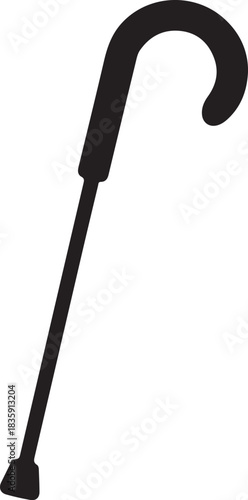 Elegant black silhouette of a classic walking cane with a curved handle and rubber tip