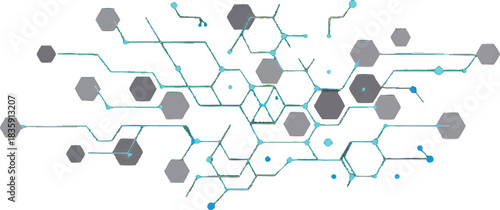 Abstract technological background with interconnected grey hexagons and blue lines forming a complex network pattern.