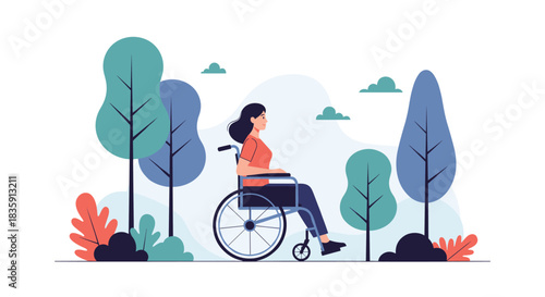 A woman in a wheelchair enjoys a peaceful day outdoors surrounded by nature and trees.