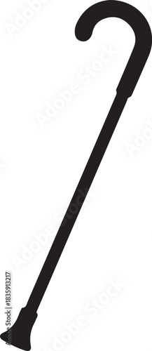 Elegant black silhouette of a classic walking cane with a curved handle and rubber tip