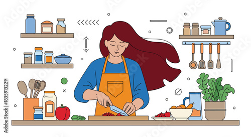 A woman is chopping vegetables for a healthy meal in a well-organized kitchen.