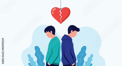 Two young men standing back to back under a broken heart illustration.