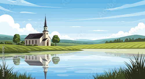 A picturesque rural landscape with a church reflecting on the water.