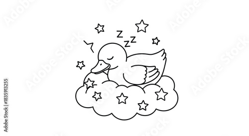 A cute duckling sleeps peacefully on a fluffy cloud surrounded by twinkling stars.