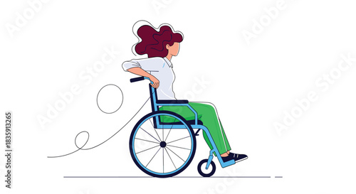 A young woman in a wheelchair navigates a path with a sense of freedom and movement.