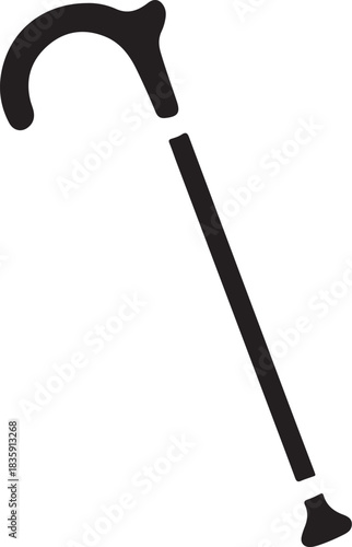 Elegant black silhouette of a classic walking cane with a curved handle and rubber tip