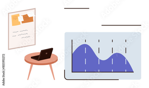 Laptop on round table, analytics graph and notes board enhance organized workflow. Ideal for business, data analysis, productivity, planning, strategy, technology minimalism. Simple flat metaphor