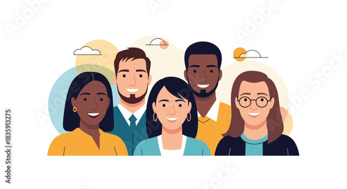 A diverse group of people smiling and looking towards the camera with a sense of unity and happiness.