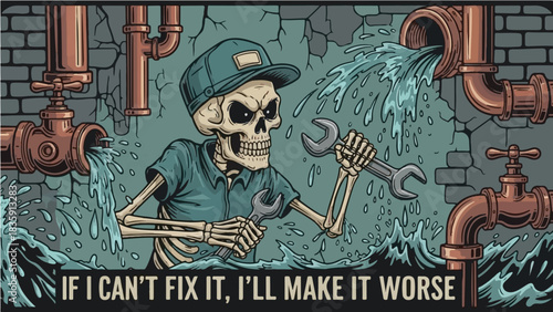 Funny skeleton plumber surrounded by leaking pipes with "If I Can't Fix It I'll Make It Worse" quote