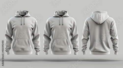 Gray Hoodie Sweatshirt Displayed From Front Side Back in Studio