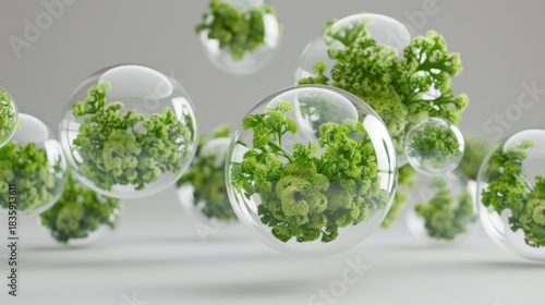 Green Microorganisms in Clear Glass Spheres on White Background
