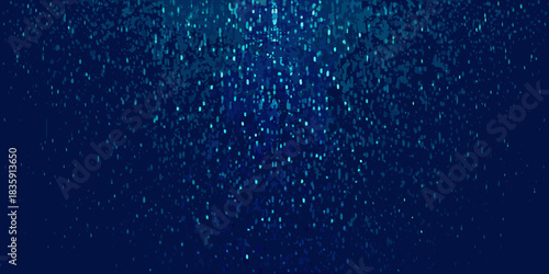 Abstract dark blue background with falling light particles and rain effect