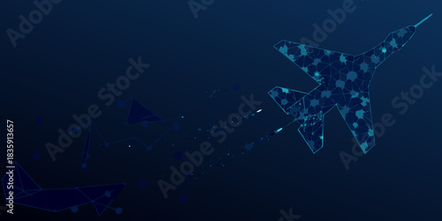 Futuristic fighter jet illustration with low poly design on dark blue background