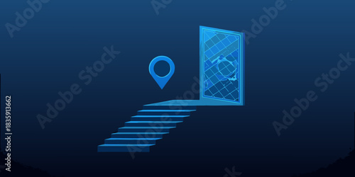 Stairway to a new location digital doorway with map pin