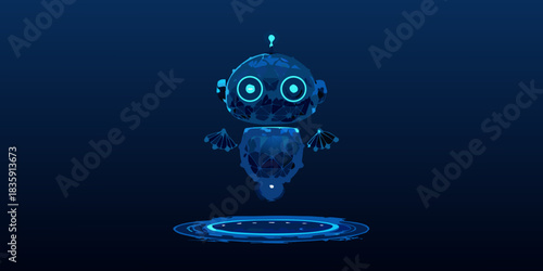 Futuristic low poly robot floating above a circular platform in dark blue