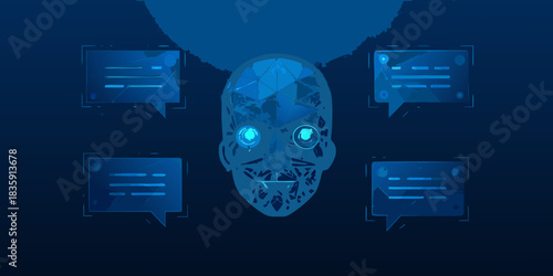 Artificial intelligence chatbot with speech bubbles in blue tones