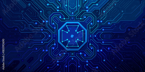 Blue circuit board pattern with central octagonal design and glowing connections