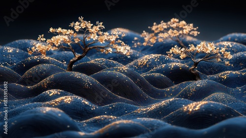 Artistic digital rendering of stylized water waves with two blossoming golden trees on a dark background