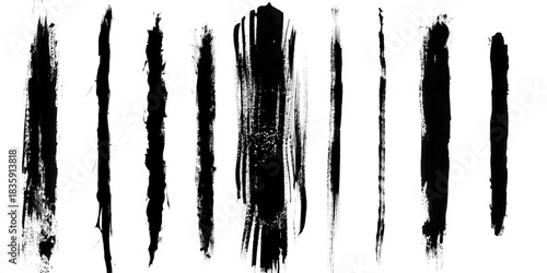 Fotografia Set of black grunge vertical paint brush strokes isolated on transparent backgro