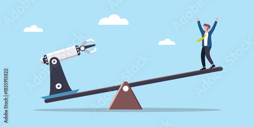 Robotic automation vs human labor on a seesaw business concept