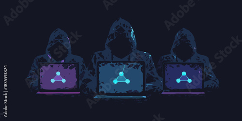 Anonymous hackers working on laptops dark web cyber security concept