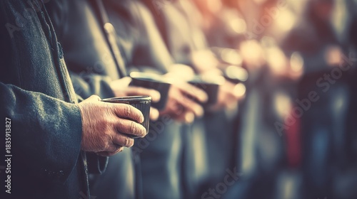 Group of People Holding Coffee Cups Standing in Line Outdoors in Warm Sunset Light