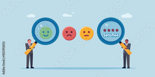 Customer satisfaction survey with magnifying glass and feedback emoticons