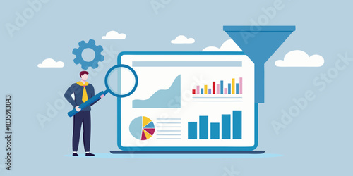 Data analysis and conversion optimization with funnel and graphs illustration