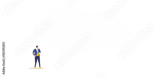 Businessman thinking with a large speech bubble for copy space on black background