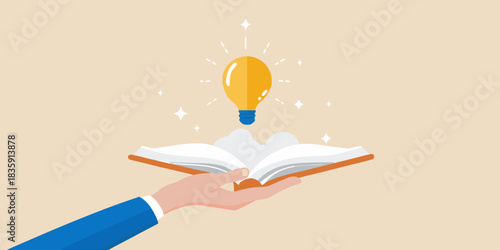 Hand holding a book with a lightbulb above it symbolizing ideas