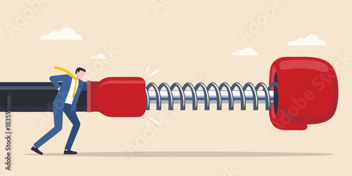 Business challenge difficulty or problem concept with businessman and boxing glove spring