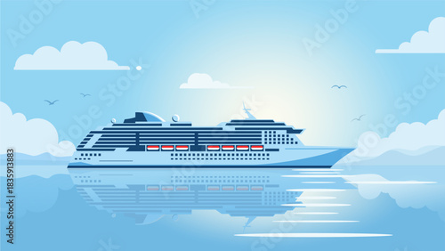 Luxury Cruise Ship Sailing on Calm Ocean – Vector Illustration