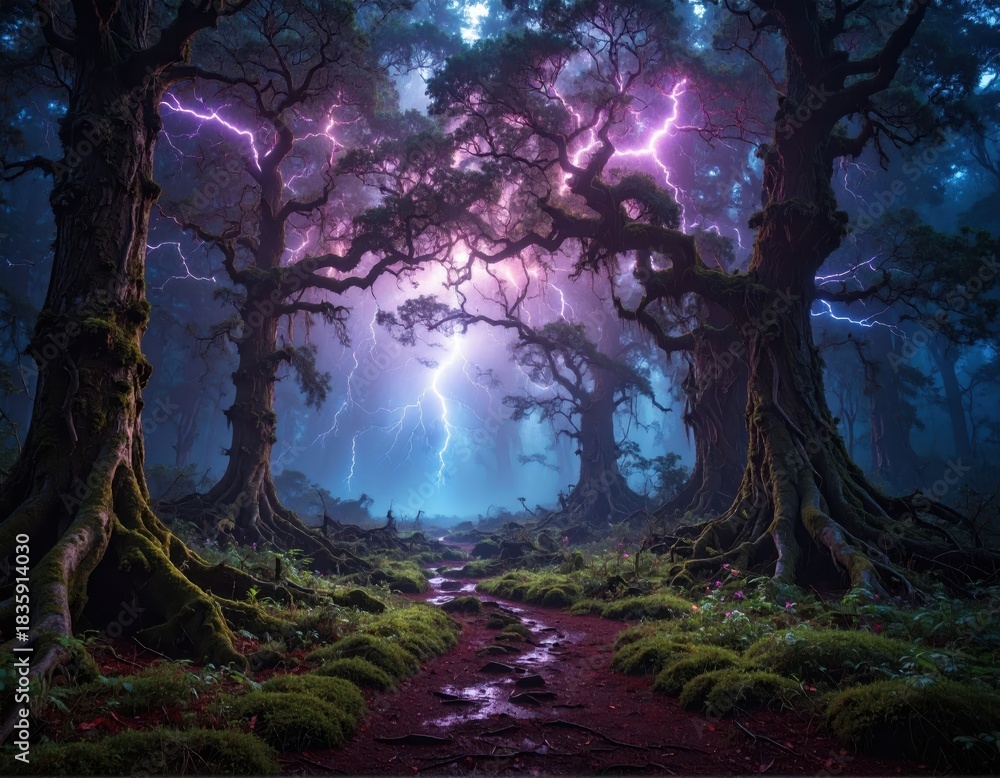 Fototapeta premium Forest path lightning storm trees nature