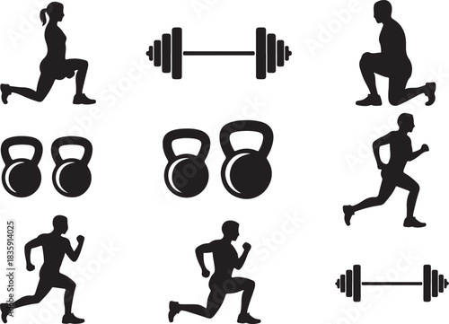 Fitness training icons set with gym workout silhouettes, weightlifting, running, kettlebell, barbell, and exercise illustrations for health, sports, and active lifestyle designs
