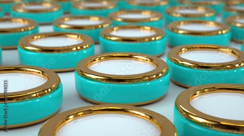 Group of Stylish Turquoise and Gold Decorative Rings on White Surface