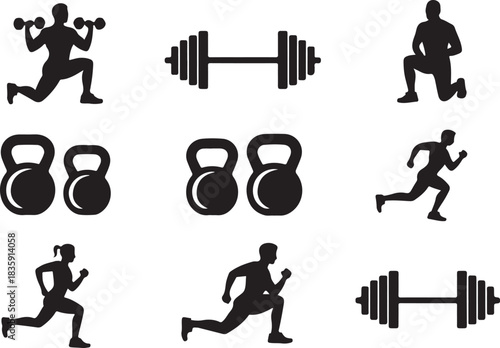 Fitness training icons set with gym workout silhouettes, weightlifting, running, kettlebell, barbell, and exercise illustrations for health, sports, and active lifestyle designs