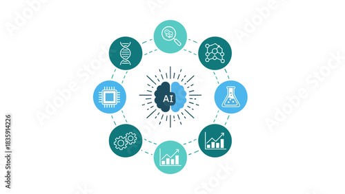 Explore AI innovation with connected technology icons for modern solutions and science, showcasing neural networks, data analytics, and machine learning