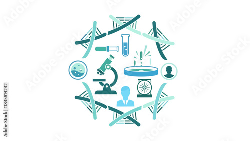 Dynamic medical research and science illustration for innovative healthcare concepts featuring DNA, microscope, and lab equipment for biotech breakthroughs